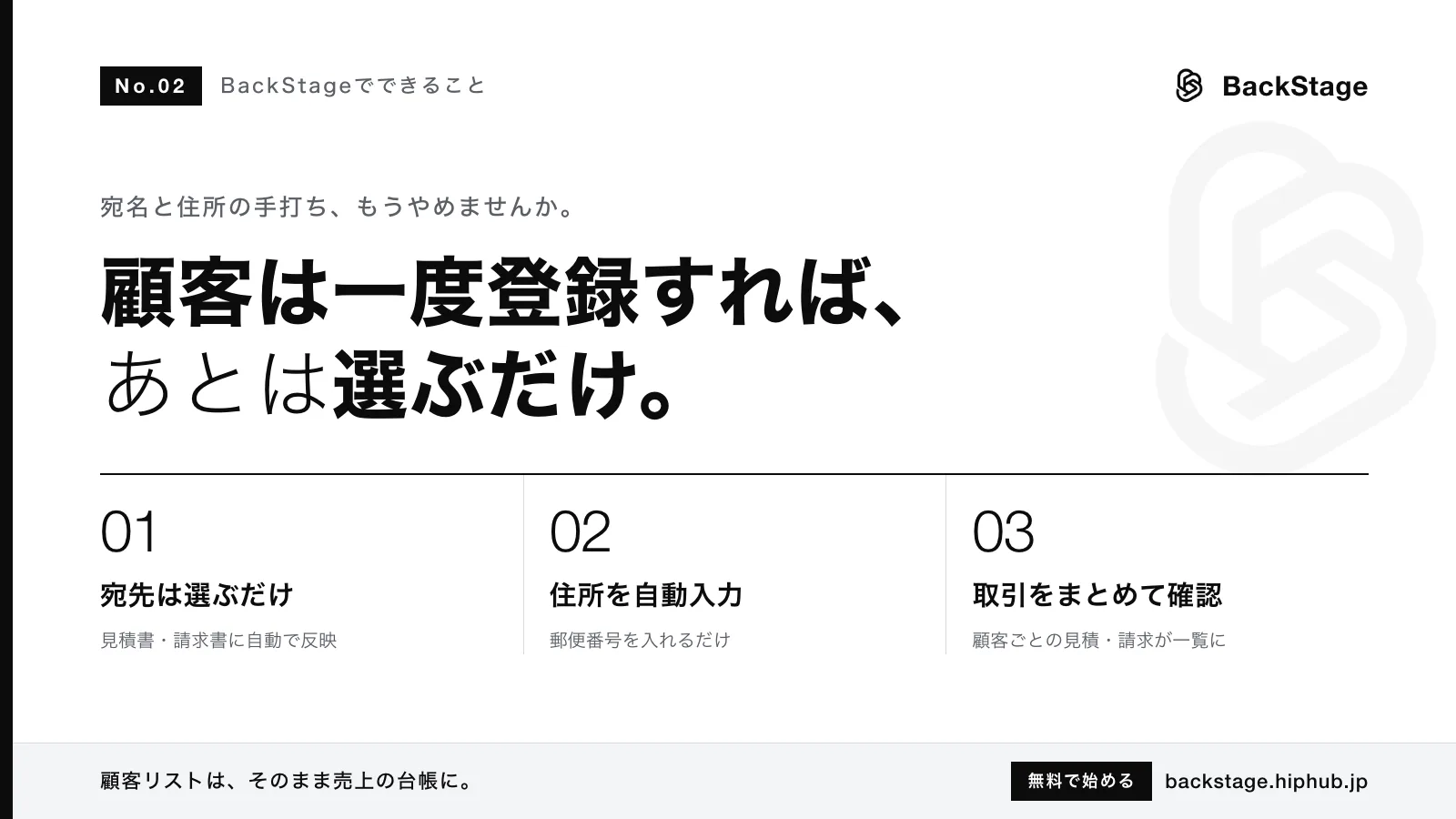 BackStageでできること #02｜顧客を登録すると書類に自動で入る