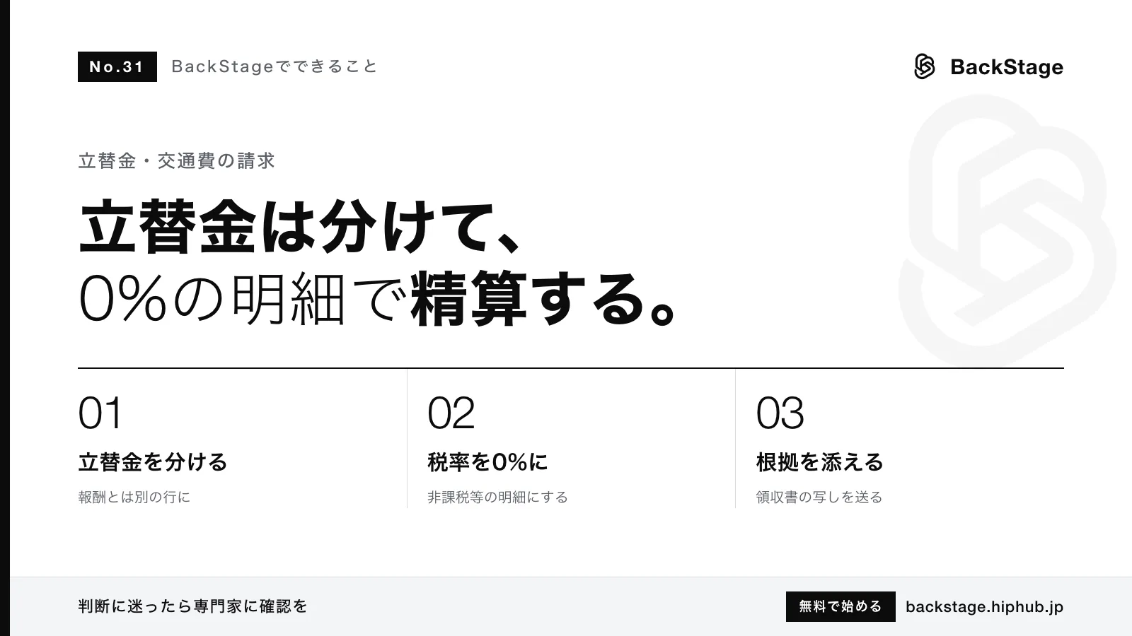 BackStageでできること #31｜立替金や交通費を請求書に載せるときの0%明細