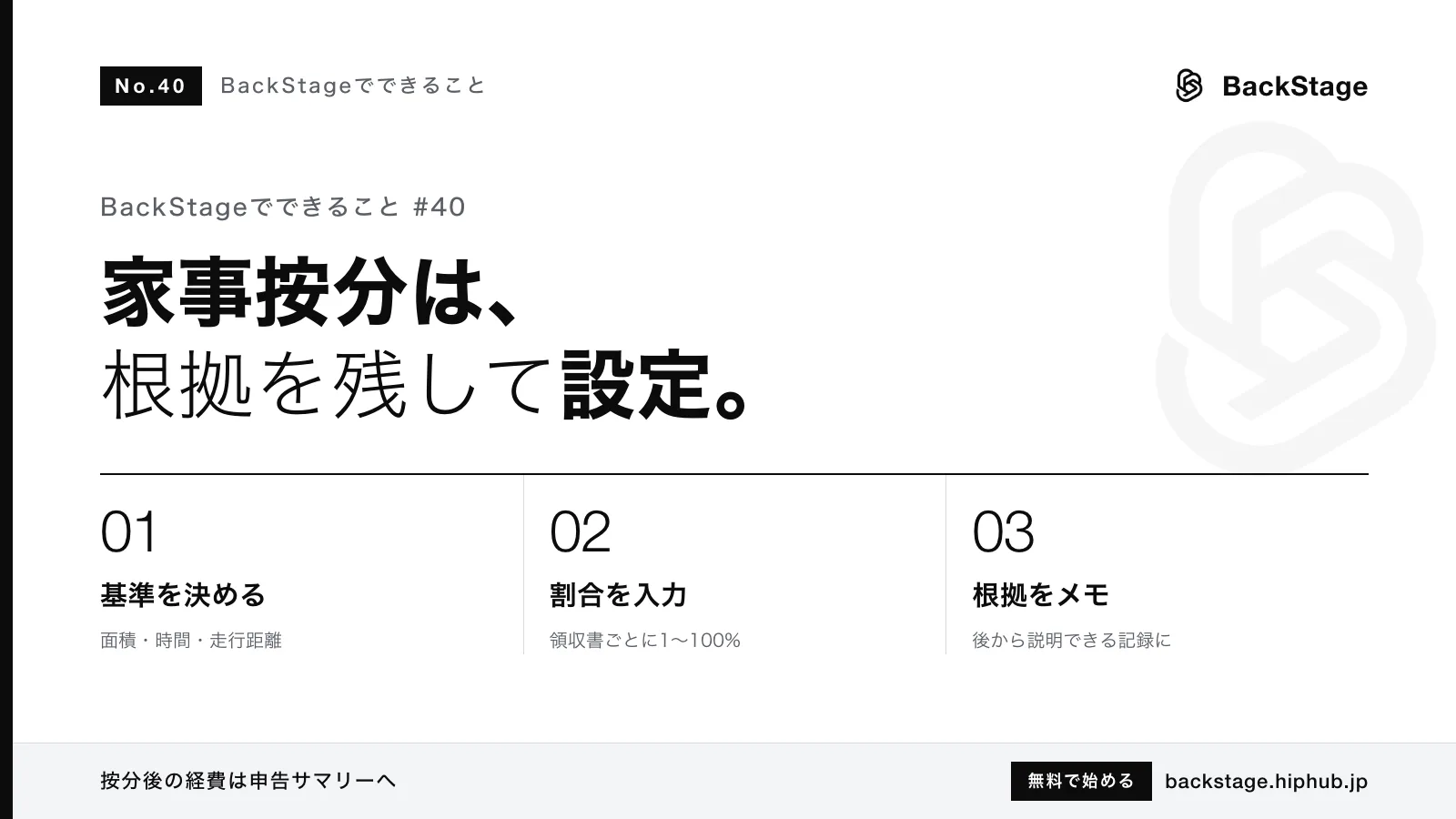 BackStageでできること #40｜家事按分のやり方｜家賃・通信費・車両費の割合設定