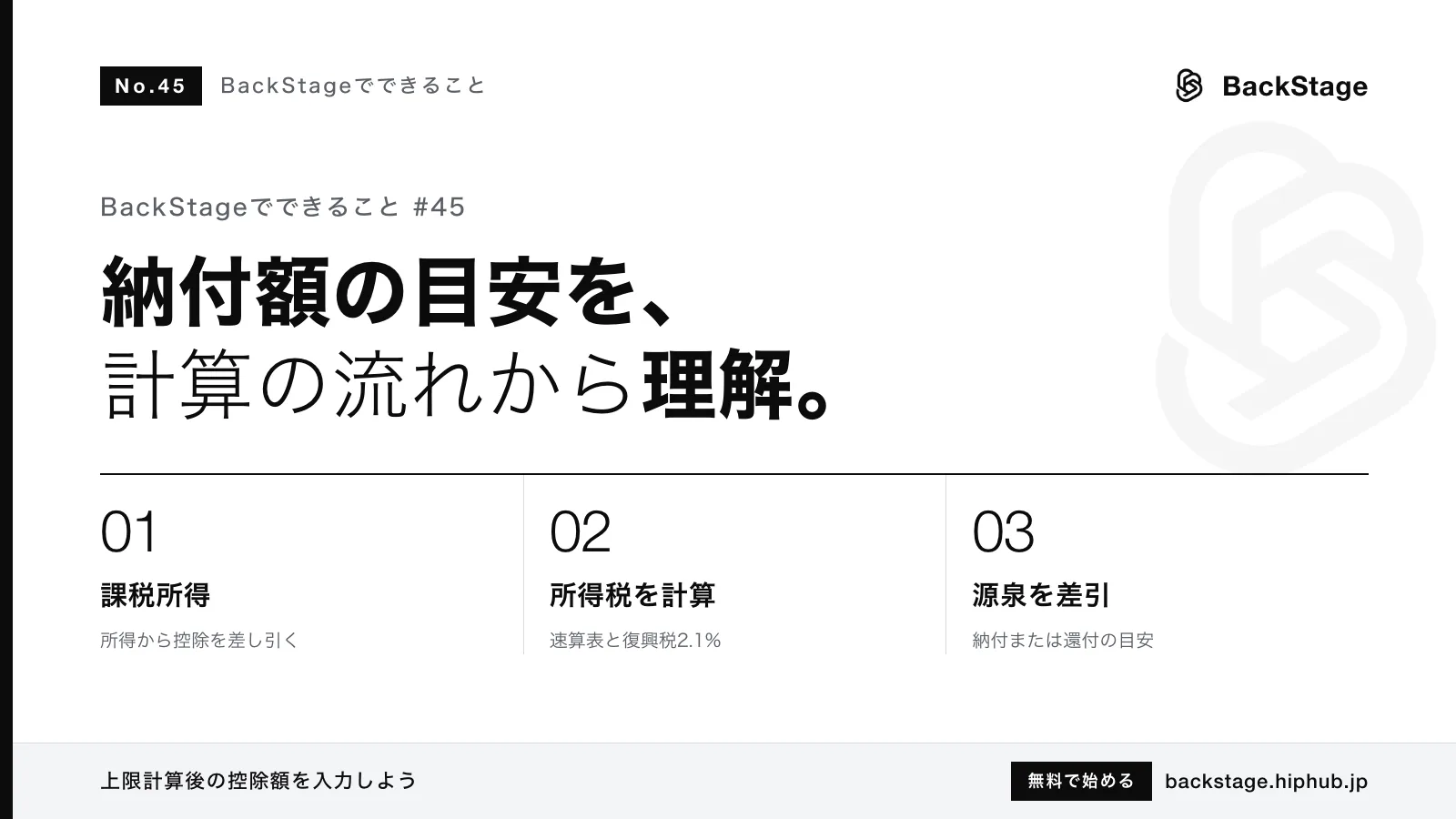 BackStageでできること #45｜納付額の目安の計算の流れと所得控除の入れ漏れチェック