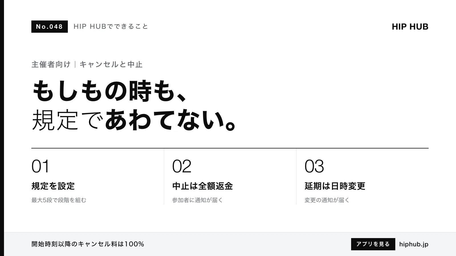 HIP HUBでできること #048｜イベントのキャンセル規定と中止・日時変更の対応