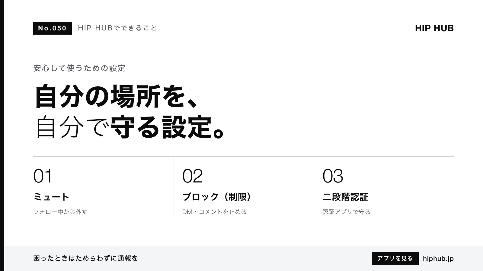 HIP HUBでできること #050｜ブロック・ミュート・通報の違いと安全設定